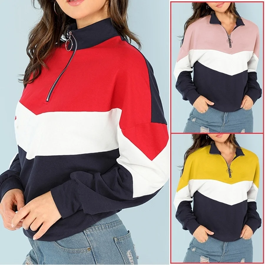 ZOGAA Campus Sweatshirts Pullover Women Top Multicolor Casual Zip Half Placket Color Block Stand Collar Long Sleeve Sweatshirts