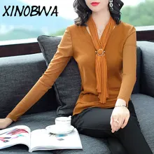 Европа осень Для женщин высокое уличный стиль Свободные Сексуальная V шеи бантом Лоскутная футболка Топы женские брендовые Офисные Формальные Рубашки футболки