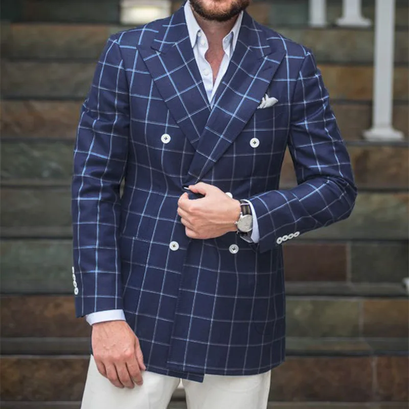 

New Arrival Mens Checkered Suit Windowpane Fashion Men Suits Custom Made Checkered Man Wedding Double Breasted men Suit 2019