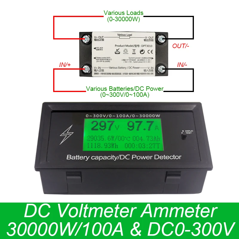 100А 300 В счетчик электроэнергии постоянного тока мониторинг энергии 8 в 1 Измерение напряжения+ ток+ мощность+ батарея+ Сопротивление+ температура+ время+ энергия