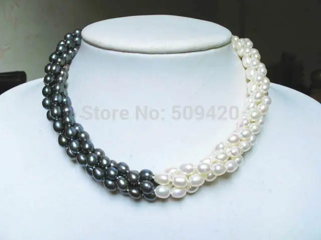 

~~ Free Shipping >>white black freshwater pearl oval beads 3 strands twisted necklace