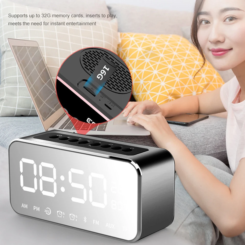 Зеркальный светодиодный цифровой будильник с беспроводным динамиком беспроводной стереозвук Колонка Встроенный Micro SD карты настольные прикроватные часы