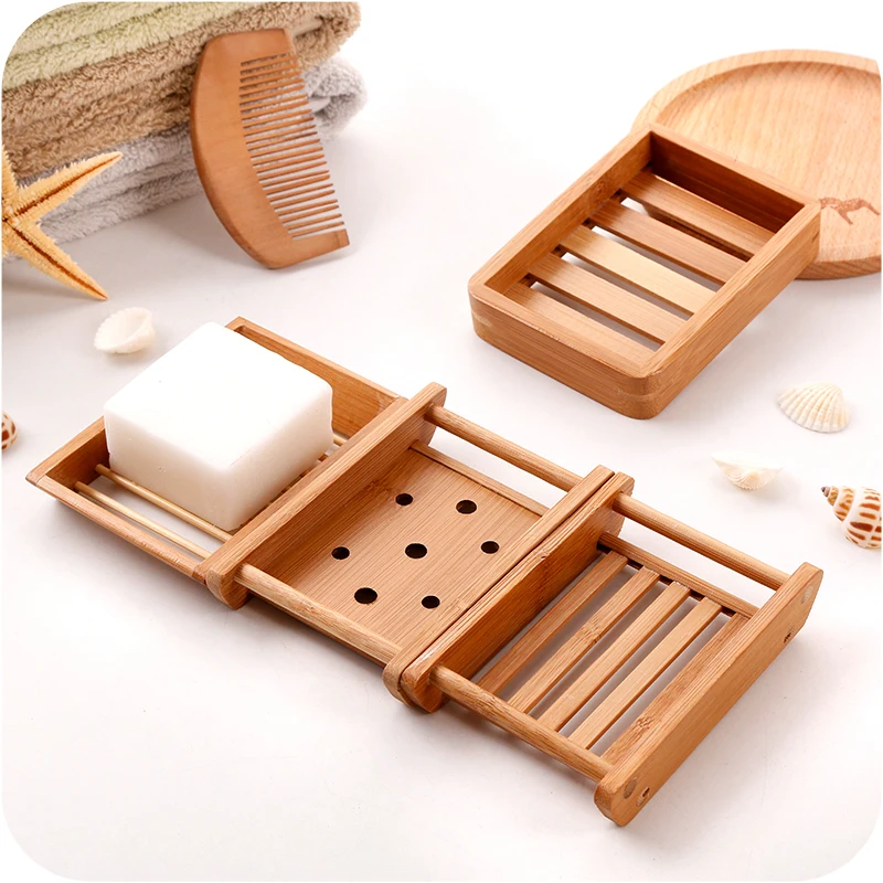 1Pc Wooden Natural Bamboo Soap Dishes Tray Holder Storage Soap Rack Plate Box
