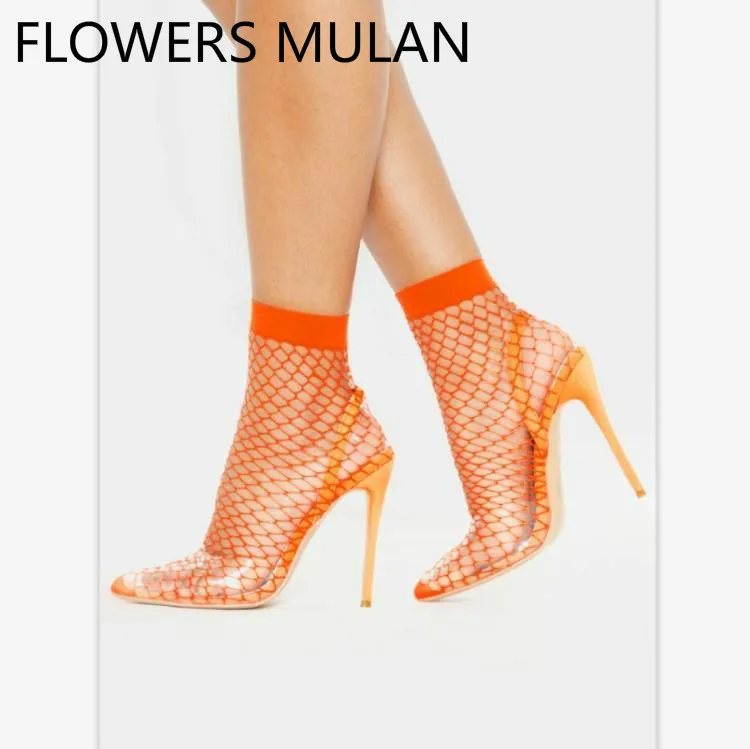 

Brand New 2019 Summer Sock Boots Fashion Fluorescent Green Orange Beige Black Mesh Upper Sandals High Heels Stilettos Shoes Lady