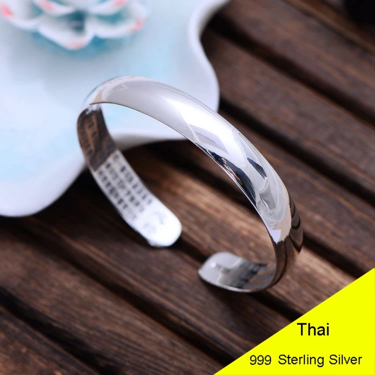 

999 Sterling Silver Smooth Open Bangle Women Thai Silver Fine Jewelry Buddhist Scriptures Heart Sutra Gift CH056534