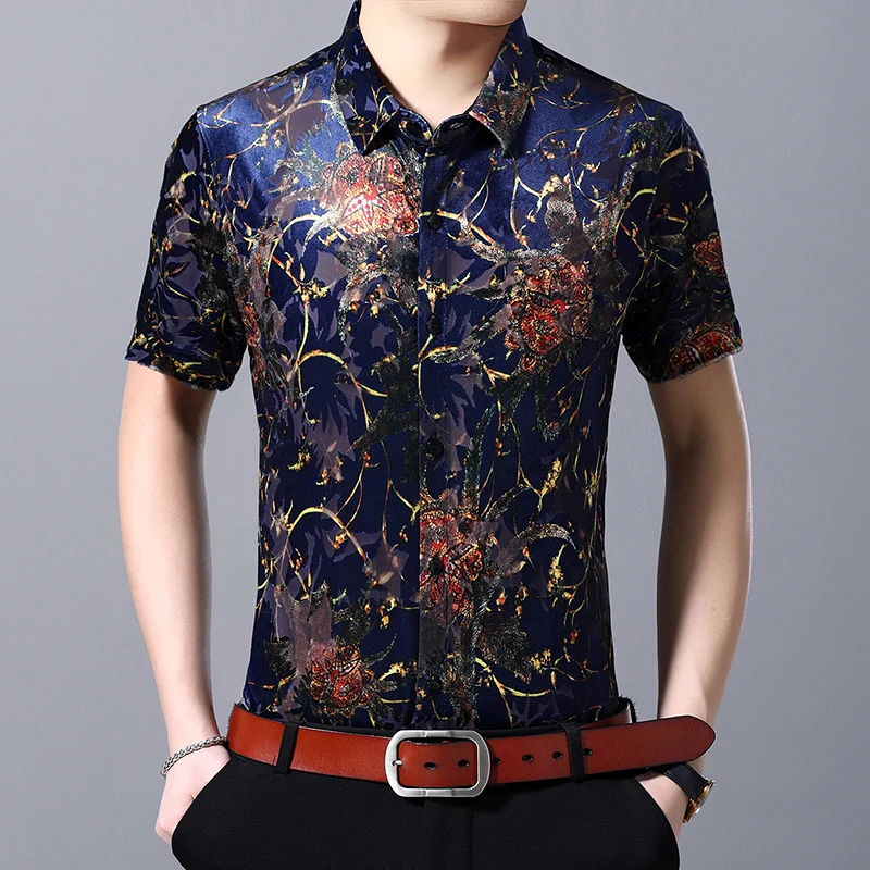 

Men Dress Shirts Fashion 2019 Gold Velvet Men's Shirt High Quality Plus Size Slim Fit Print Short Sleeve Male Shirt Formal Wear