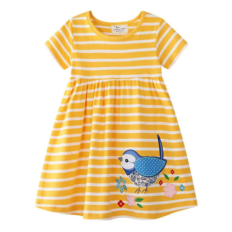 

Jumping meters yellow white striped cartoon dress applique a cute bird short sleeves summer clothing new selling princess dress