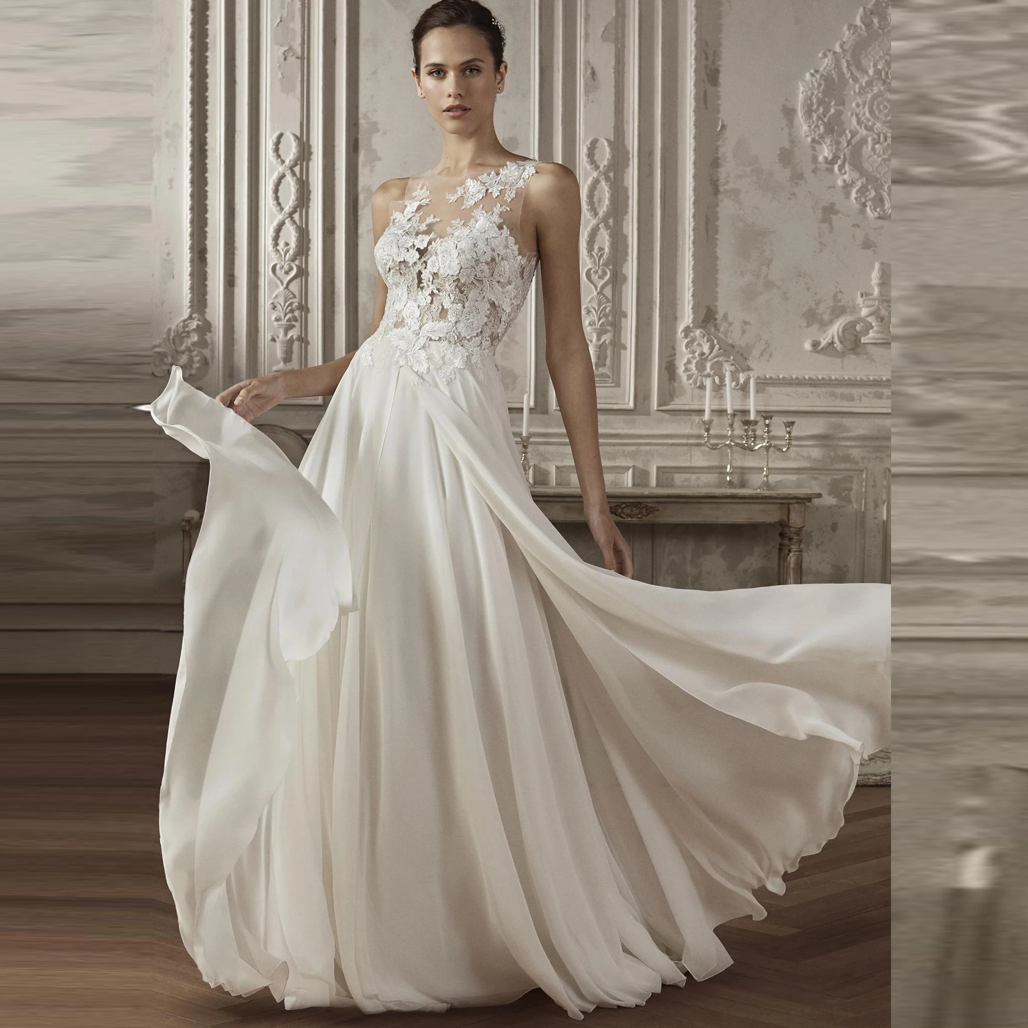 

Chiffon A Line Princess Boho Wedding Dress Top Lace Applique Vestidos De Noiva Train Bride Dress vestido de festa longo