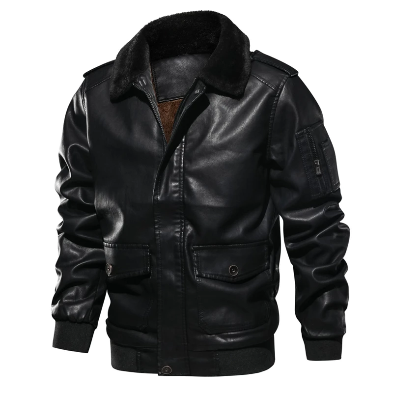 Зимняя куртка из искусственной кожи для пилота, Мужская винтажная куртка-бомбер с меховым воротником в стиле милитари, мужская теплая куртка из искусственной кожи, мотоциклетная Байкерская флисовая куртка