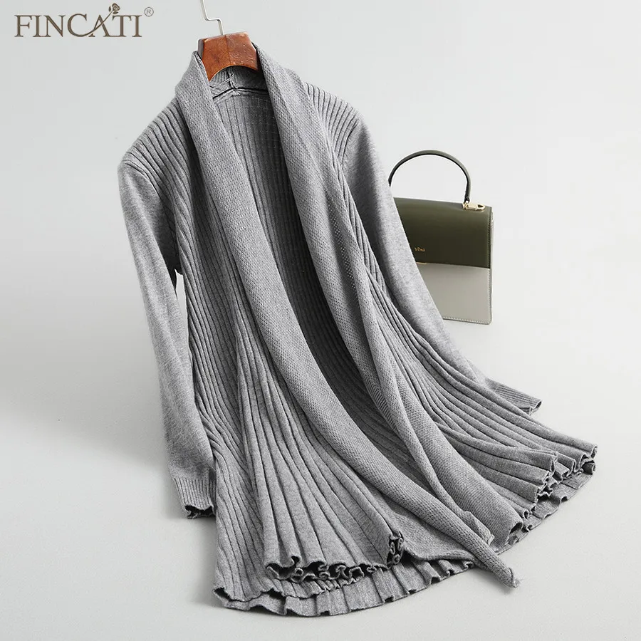 Women Cardigan Fincati 2018 Autumn Winter New Arrival A-Line Pleated Hem Long Knitted Open Stitch High End Sweater Coat |