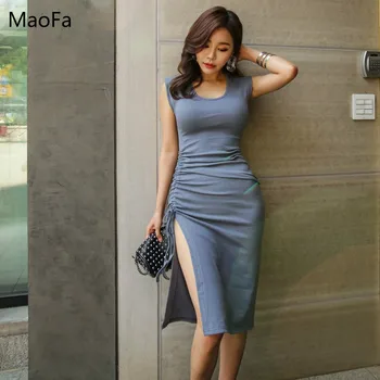 

2018 Women Dress Slim Sexy Fashion Bodycon Sleeveless Dress Nightclub Party Dresses O-Neck Korean Style Midi Dresses