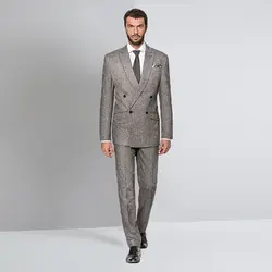 Серый Твид для мужчин костюмы 2018 осень зима двубортный пиджак остроконечные лацканы элегантный блейзер для бизнес свадебны