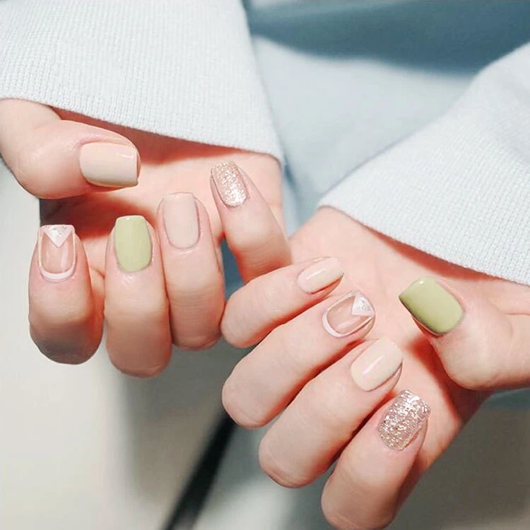 

24pcs Green Pink Fake Nails Full Cover Short Square Head False Nails Tips faux ongles with Glue Sticker