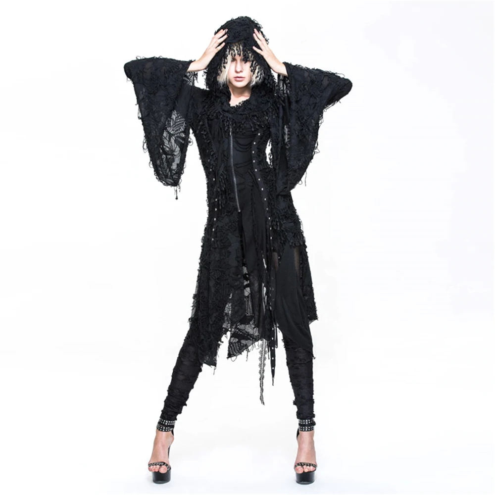 

Steampunk Women's Ripped Jackets Goth Rock Batwing Sleeve Hooded Long Outwears Streetwear Tattered Causal Jacket Coats