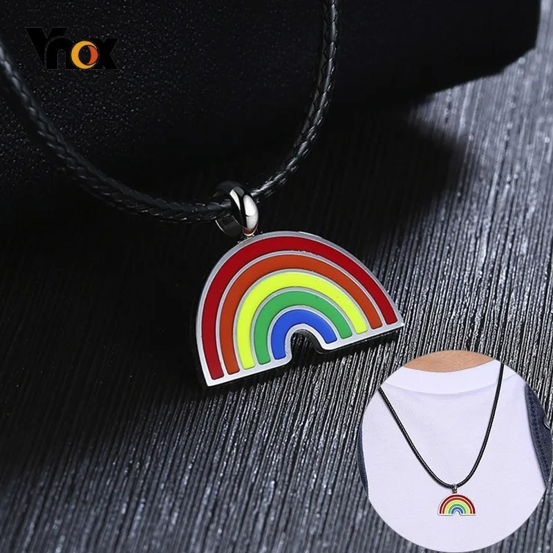 

Vnox Cute Rainbow Pendant for Women Men Stainless Steel Necklaces with 20" Leather Rope Chain Gay & Lesbian LGBT Pride Pendant