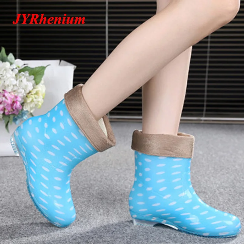 

JYRhenium Spring And Autumn Winter Plus Cotton Cover Women's Rain Boots Waterproof Shoes Women's Shoes Polka Dot Adult Rain Boot