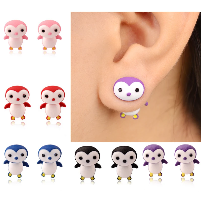 

Aros Real Hot Sale Earings Wholesale Fashion Cute Polymer Clay Stud Earrings 9 Colors Not Allergic 3d Penguin For Baby Children