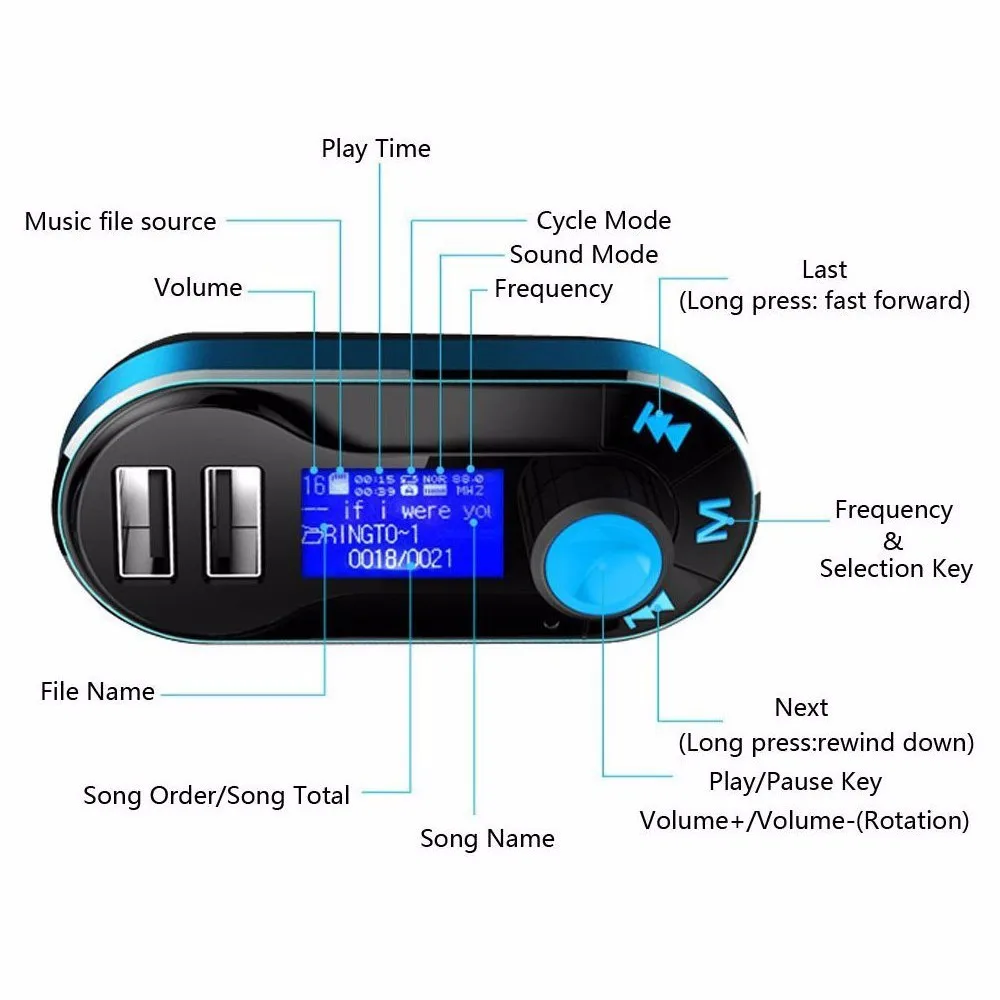 Hot voiture FM Transmitter Wireless Bluetooth Music Hands-free Calling Wireless MP3 Player Car Kit USB Charger SD LCD 3 Color
