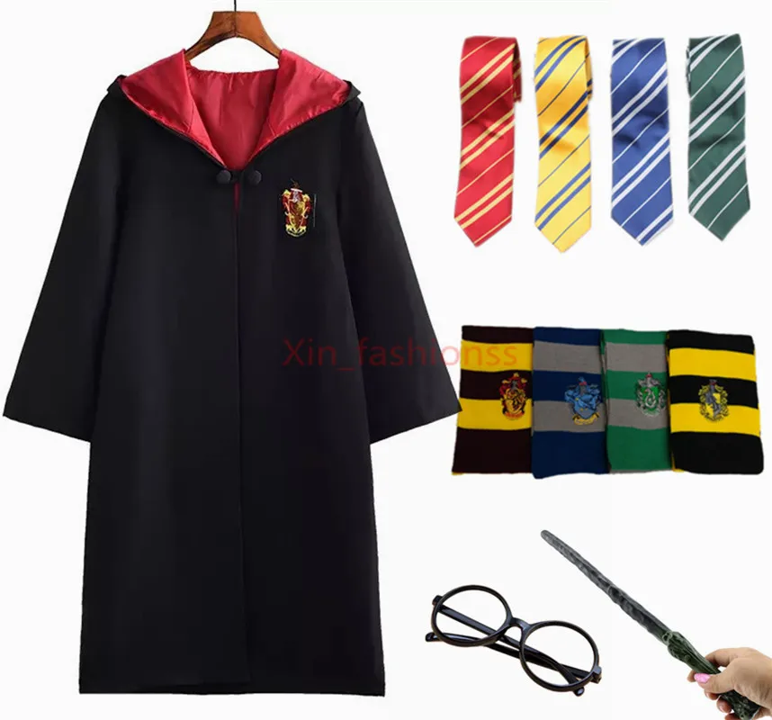 

Kids Adult Potter Robe Cloak with Tie Scarf Wand Glasses Ravenclaw Gryffindor Hufflepuff Slytherin for Harris Cosplay Costume