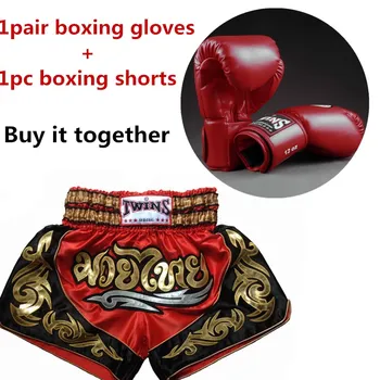 

1pc Adult Women Muay Thai Shorts Boxing Pants Men's Sport Clothes+1pair Punching Boxing Gloves Free Combat Pant Guantes De Boxeo