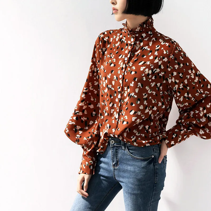 

Vintage Floral Shirts Women Tops and Blouses Ruffles Stand Collar Print Tops Fashion Female Lantern Sleeves Chiffon Blouses