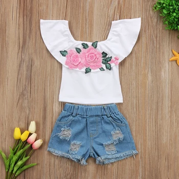 

Summer New Style Baby Girls Clothes Sets Toddler Kids Baby Girls Floral Tops Denim Shorts Pants 2pcs Clothes Outfits Set