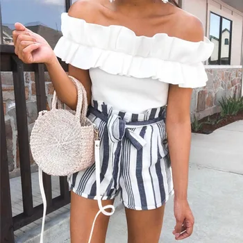 

Women Summer Shorts Women Sexy Trousers Elastic High Waist Loose Print Striped Lace-up Pocket Shorts