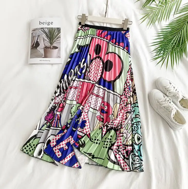 Весенне-летняя женская плиссированная юбка с мультяшным принтом модная повседневная юбка с высокой талией TB837