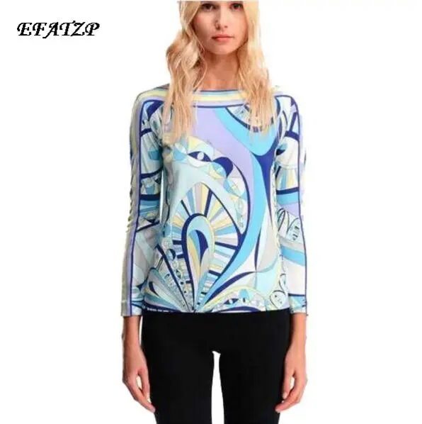 

2015 Autumn High Quality Luxury Brands Designer Top Women's Long Sleeve Geometric Printed Casual Jersey Sheath Blouse