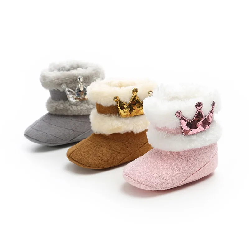  0-18M Cute Newborn Infant Baby Girls Winter Warm Crown Fur Mid-Calf Length Slip-On Furry Boots