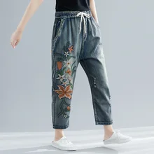 Johnature новые штаны с эластичной резинкой на талии повседневные джинсы осень мода цветочной вышивкой карманы галстуком-бабочкой джинсовые до лодыжек, штаны-шаровары