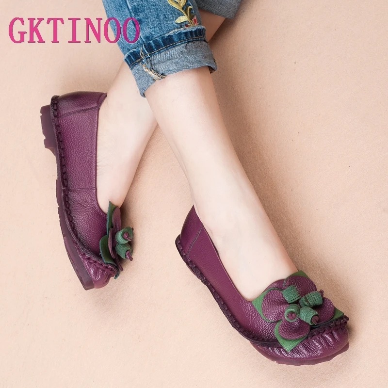 

GKTINOO Casual Flat Shoes Woman Flats Retro Ethnic Handmade Flower Loafers zapatos de mujer Genuine Leather Women Shoes
