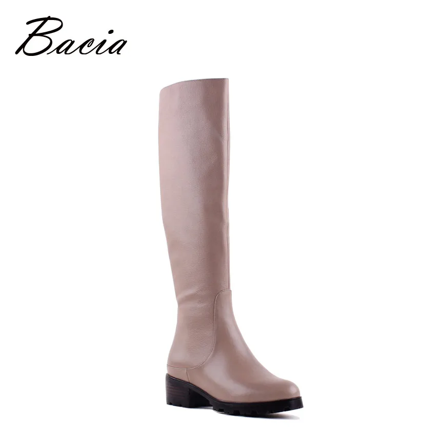 

Bacia Genuine Leather Women Boots With Wool Fur Plush For Winter Handmade Knee-high Khaki Boots Rubber Soles Russion Size VB038