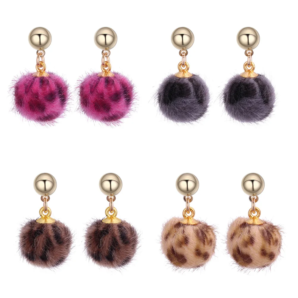 Beautiful Shiny Lady Faux Fur Ball Earrings Stud New Design Leopard
