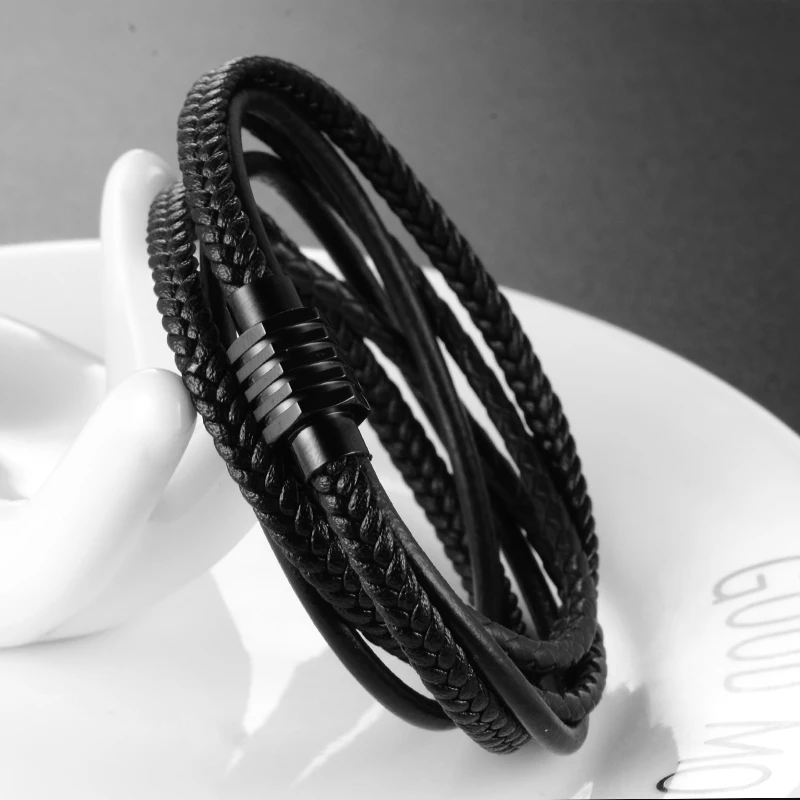 

Leather Rope Male Charms Bracelet with 316L Stainless Steel Buckle Simple Men Cuff Bracelets&Bangle Jewelry