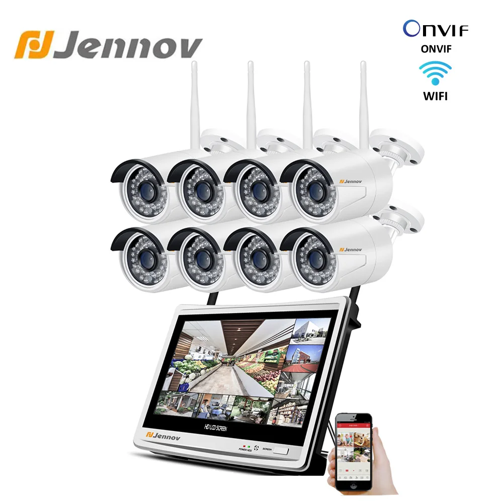 Jennov 8CH 1080P Домашняя безопасность наружная беспроводная CCTV камера безопасности Wifi камера s NVR 12 дюймов ЖК монитор P2P Водонепроницаемая камера