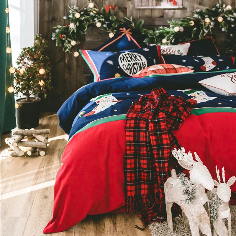 

100% Cotton Applique Embroidery comforter bedding set RUIYEE Christmas theme king size bed set Sheet Pillowcase &Duvet Cover Set