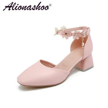 

Dress Women Shoes Fashion Shallow Square Toe Shoes 2018 Spring/Autumn Square Heel Leather Pink Buckle Strap Shoes For Women