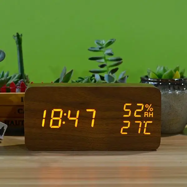 FiBiSonic Современный цифровой светодиодный Будильник Звуковое управление деревянный Despertador настольные часы влажность температура дисплей - Цвет: brown orange