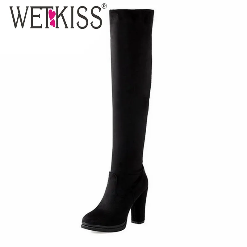  Fashion Women Sexy Flock High Thick Heels Platform Round Toe Riding Boots Women Shoes Woman 34-43 Over The Knee Boots 2016 