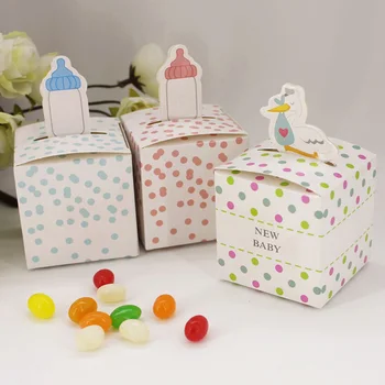 

50pcs Baby Girl And Boy Paper Gift Box Pink Blue Dots Baby Shower Baby Feeding Bottle Candy Box Kids Birthday Party Decoration