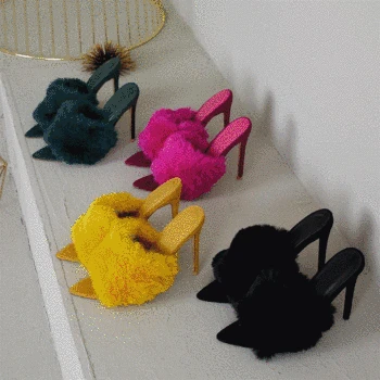 

2020 European Station Sandals Candy Color Luxury Rabbit Fur High Heel Sandals Slippers Large Women Shoes Size 35-43
