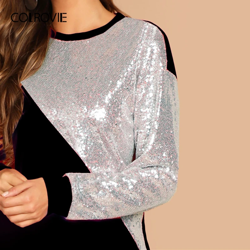  COLROVIE Black Sequin Patched Cut-And-Sew Casual Pullover Women Clothes 2019 Spring Long Sleeve Swe