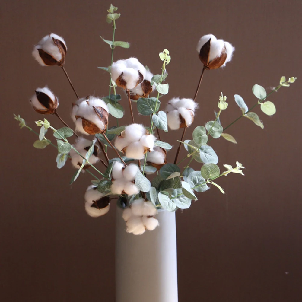 

4pcs Artificial Flower Fake Cotton Branch Eucalyptus Leave Simulation Flower Bouquet Wedding Party Home Decor Room Decoration