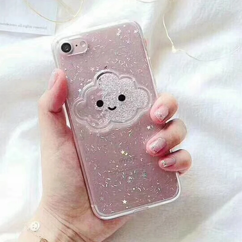 Cute Glitter Powder Smile Face Clouds Mobile Phone Case For iPhone X Soft TPU Dynamic Beads Back Cover For iphone 6 6s 7 8 Plus Case (1)