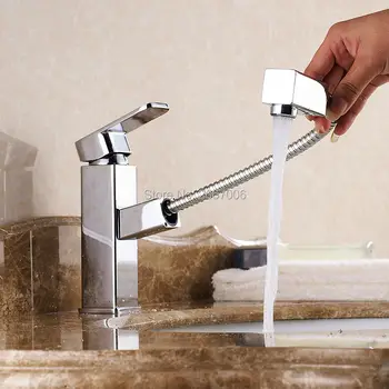 

Gizero Square Brass Basin Faucet Pull Out Spout Flexible Tap Bathroom Vanity Mixer Tap Deck Mount Faucet Chrome ZR642