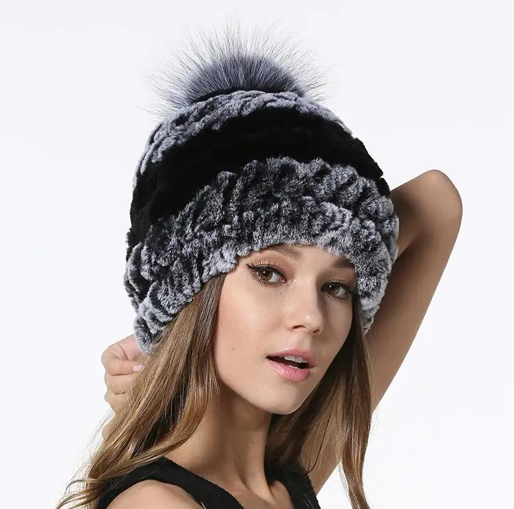Winter Women Real Rabbit Fur Hats Beanies Knitted Fur Caps Floral Striped Design 