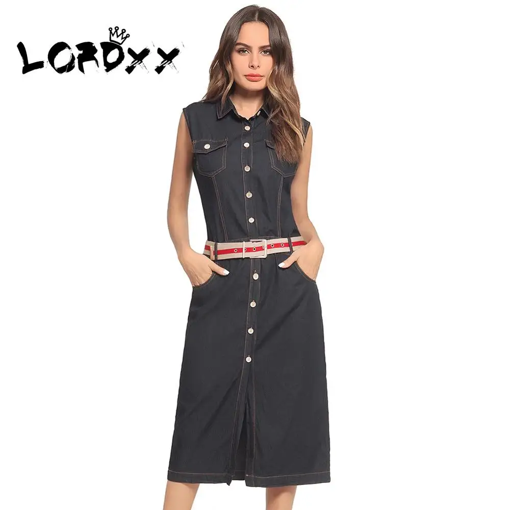 LORDXX Black Denim Dress Women Vintage 2018 New Midi Jeans Dress Woman