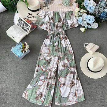 

NiceMix Women Summer print out of shoulder High Waist Sashes Loose Chiffon Jumpsuits Casual Lady Jumpsuit 2019 new black dot