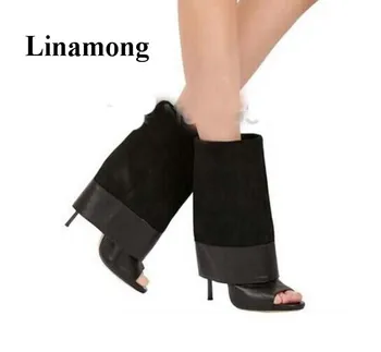 

2018 Newest Fashion Europe And America Colorblock Peep Toe Turned-Over-Edge Thin High Heel Spring Autumn Women Boots Sexy Heel